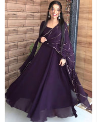 Rerdy To Wear Wine Heavy Georgette Lace Work Anarkali Gown With Dupatta