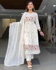 Rerdy To Wear Off White Faux Georgette Embroidery Work Nayra Cut Suit With Dupatta