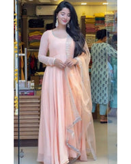 Rerdy To Wear Peach Heavy Georgette Lace Work Anarkali Gown With Dupatta