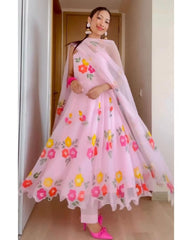 Gorgeou  Pink Tabby Silk Organza Digital Print Anarkali Suit With Dupatta