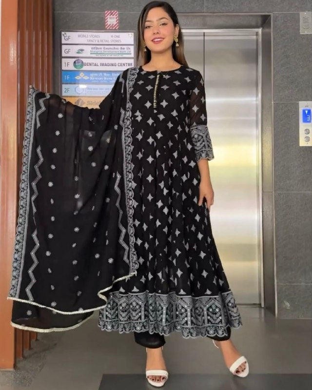 Rerdy To Wear Black Fuxa Georgette Embroidery Work Anarkali Suit With Dupatta