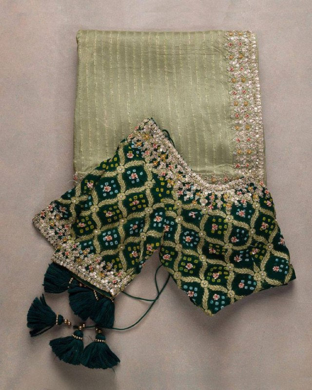 Gorgeou Viscose Chanderi Embroidery Work Pista Green Saree With Green Blouse
