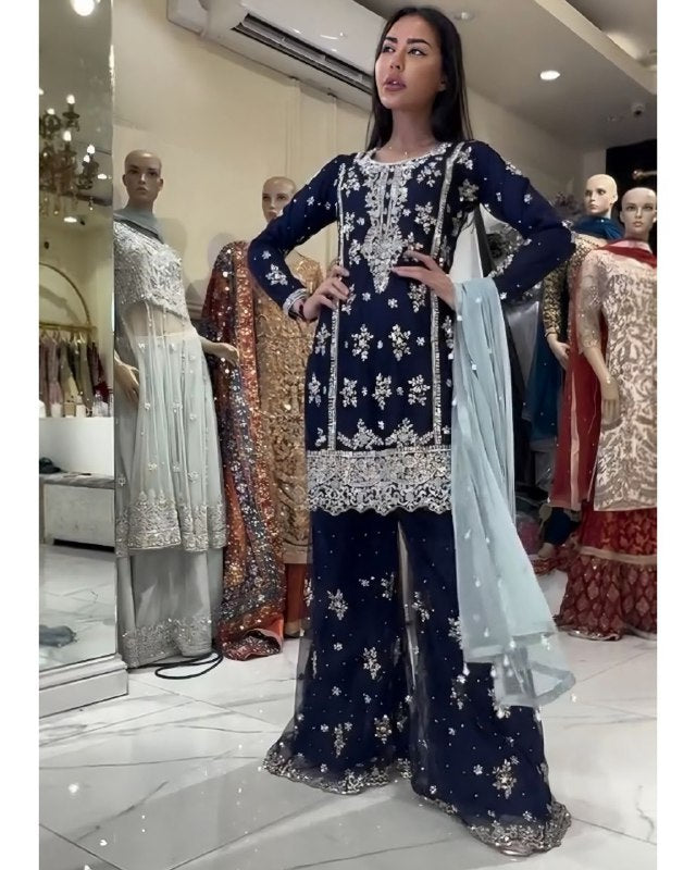 Rerdy To Wear Faux Georgette Embroidery Work Blue Plazzo Suit With Sky Dupatta