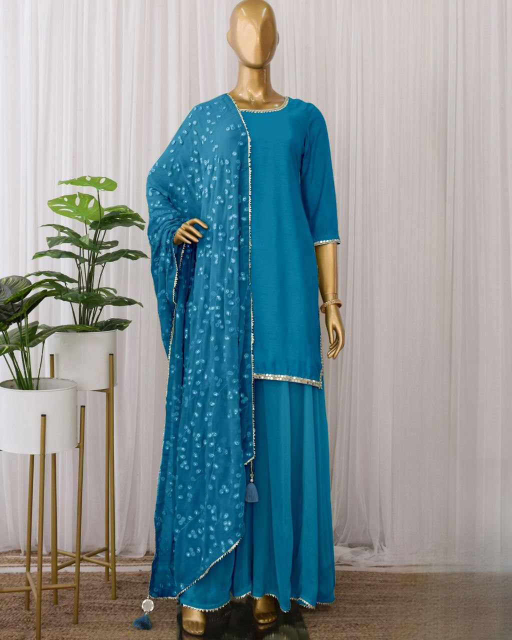 Rerdy To Wear Blue Maska Cotton Silk Embroidery Work Plazzo Suit With Dupatta