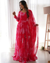 Rerdy To Wear Hot Pink  Faux Georgette Digital Print Anarkali Suit With dupatta