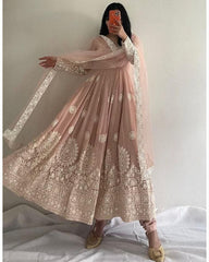 Rerdy To Wear Light Peach Fuxa Georgette Embroidery Work Anarkali Gown With Dupatta