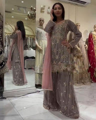 Rerdy To Wear Mud Heavy Georgette Embroidery Work Plazzo Suit With Dupatta
