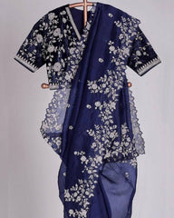Gorgeou Blue Soft Organza Silk Embroidery Work Saree With Blouse