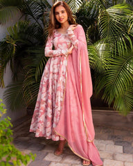 Rerdy To Wear Baby Pink Faux Georgette Digital Print Anarkali Suit With Dupatta