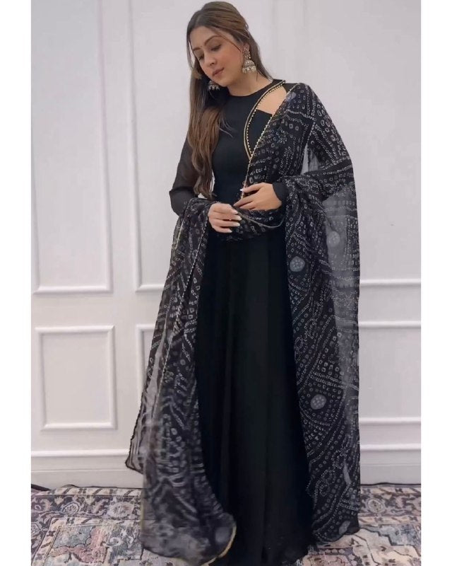 Rerdy To Wear Black Faux Georgette Lace Work Anarkali Gown With Dupatta
