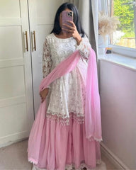 Gorgeou Baby Pink-White Faux Georgette Lace Work Plazzo Suit With Dupatta