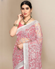 Gorgeou Pink Soft Butterfly Net Embroidery Work Saree With Blouse