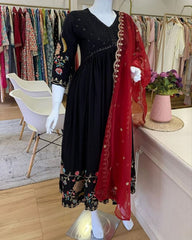 Gorgeou Faux Georgette Embroideryu Work Black Alia Cut Suit With Red Dupatta