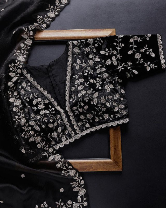 Gorgeou Black Heavy Khadi Organza Embroidery Work  Saree With Blouse