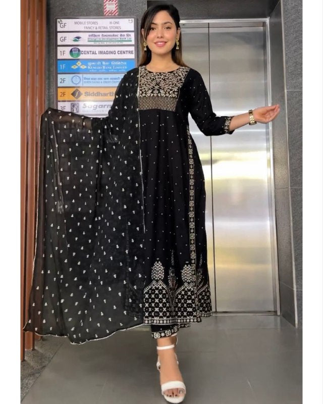 Rerdy To Wear Black Faux Georgette Embroidery Work Anarkali Suit With Dupatta