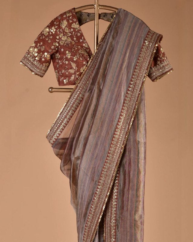 Gorgeou Brown Smooth Organza Embroidery Work Saree With Blouse
