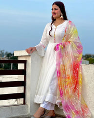 Rerdy To Wear Faux Georgette Embroidery Work White Anarkali Suit With Multi Dupatta