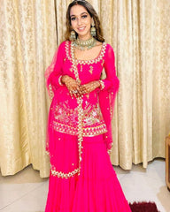 Gorgeou Hot Pink Pure Georgette Thread Work Sharara Suit With Dupatta