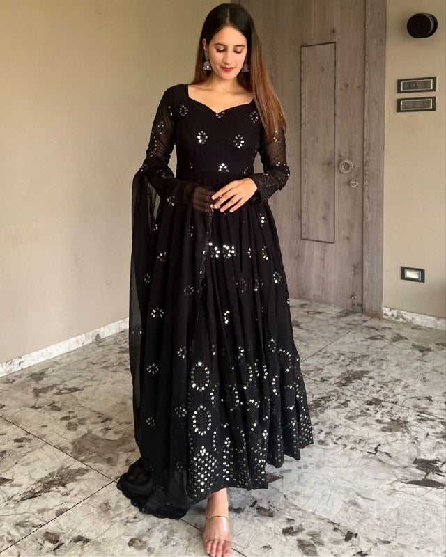Rerdy To Wear Black Faux Georgette Embroidery Work Anarkali Gown With Dupatta