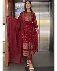 Rerdy To Wear Maroon Faux Georgette Embroidery Work Nayra Cut Suit With Dupatta