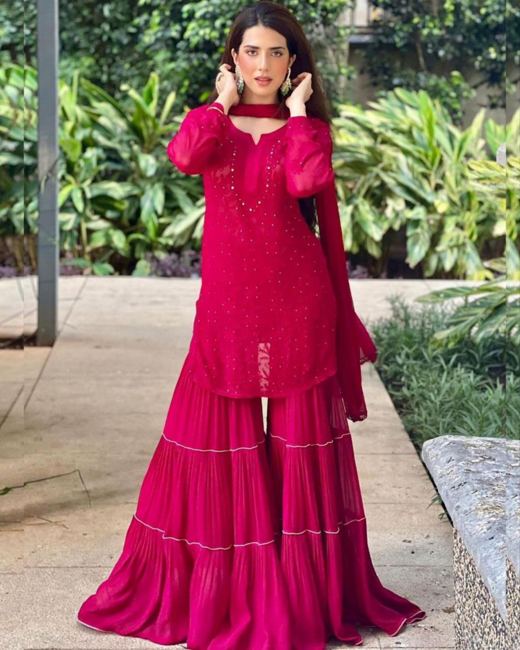 Rerdy To Wear Hot Pink Red Faux Georgette Sequence Work Sharara Suit With Dupatta