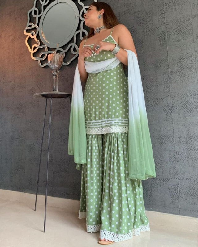 Gorgeou Pista Green Heavy Cotton Silk Digital Print Sharara Suit With Dupatta
