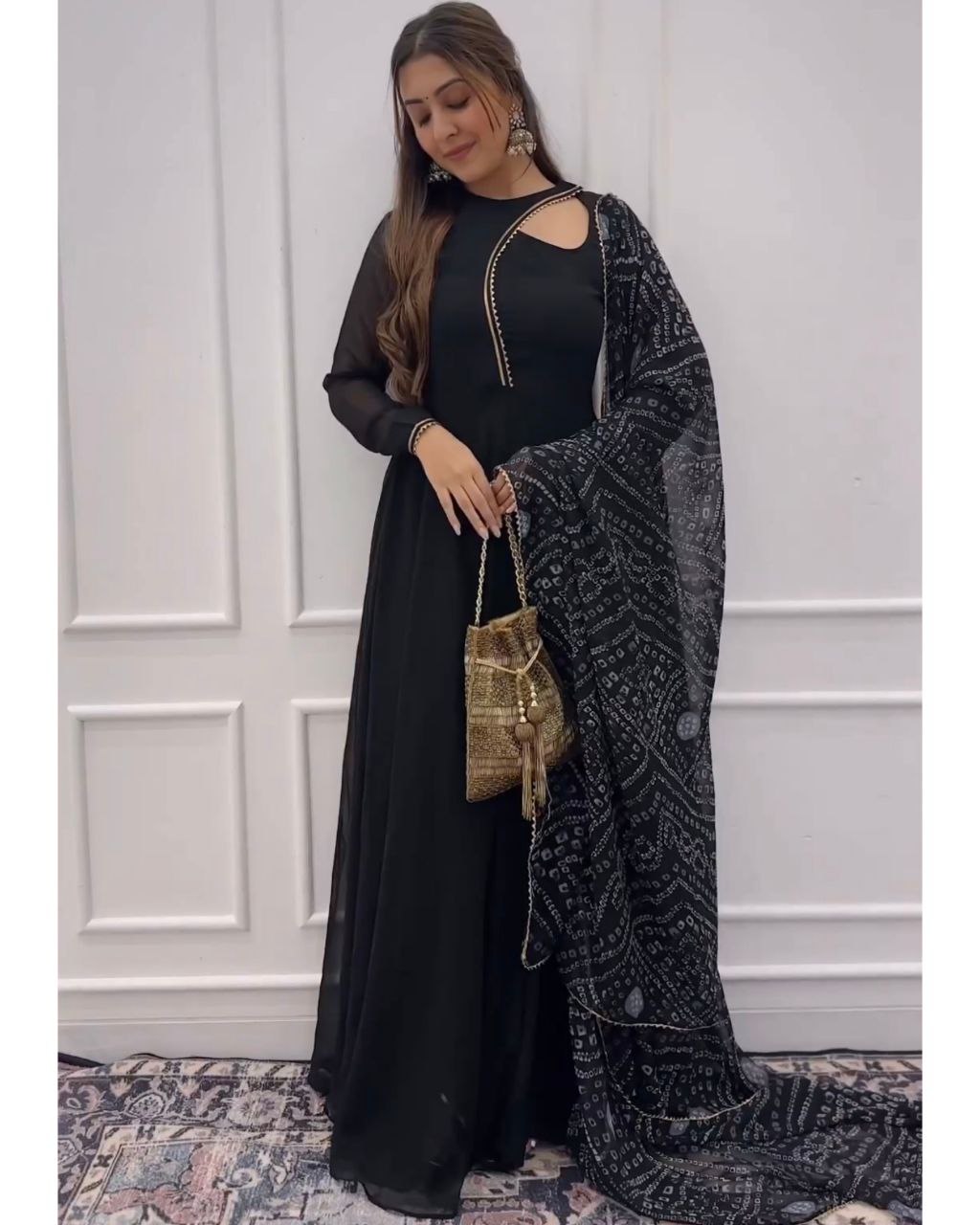 Rerdy To Wear Black Faux Georgette Lace Work Anarkali Gown With Dupatta
