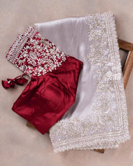 Gorgeou Nylon Organza Embroisery Work White Saree With Red Blouse