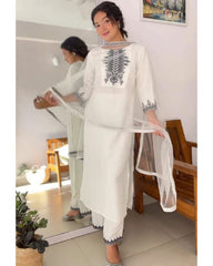 Rerdy To Wear White Rayon Cotton Embroidery Work Pant Suit With Dupatta
