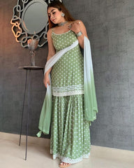 Gorgeou Pista Green Heavy Cotton Silk Digital Print Sharara Suit With Dupatta