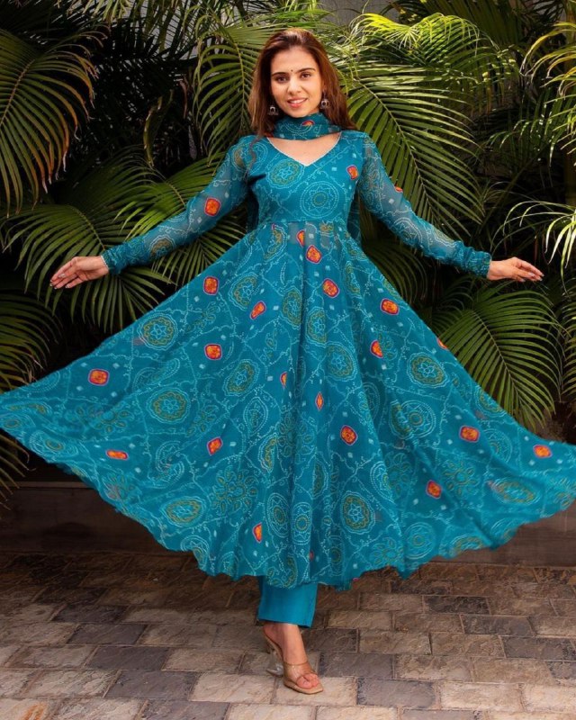 Rerdy To Wear Rama Blue Faux Georgette Digital Print Anarkali Suit With Dupatta