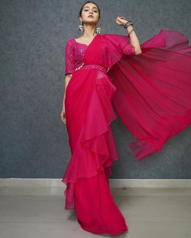 Gorgeou Hot Pink Apple Oraganza Embroidery Work Lehenga Saree With Blouse