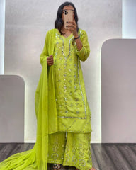 Rerdy To Wear Lime Faux Georgette Fancy Embroidery Work Plazzo Suit With Dupatta