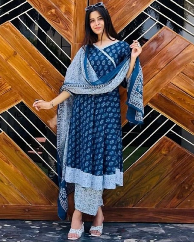 Rerdy To Wear  Blue Rayon Cotton Digital Print Anakali Suit With Dupatta
