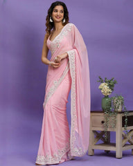 Gorgeou Baby Pink Faux Georgette Embroidery Work Saree With Blouse