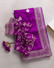 Gorgeou Purple Jaquard Cotton Silk Embroidery Work Saree With Blouse