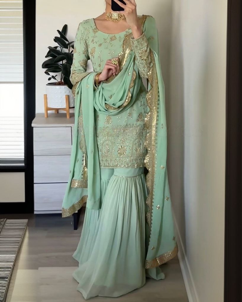 Festive Special Pastel Green Pure Georgette Embroidery Work Gharara Suit With Dupatta