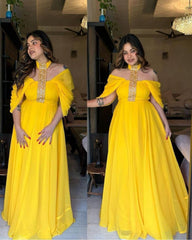 Gorgeous Yellow Faux Georgette Embroidery Work  Designer Gown