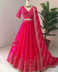 Festive Special Hot Pink Faux Georgette Embroidery Work Lehenga Choli With Dupatta
