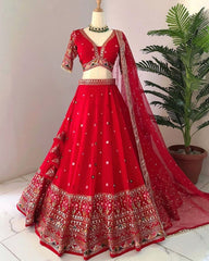 Festive Special Red Faux Georgette Embroidery Work Lehenga Choli With Dupatta