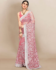 Gorgeou Pink Soft Butterfly Net Embroidery Work Saree With Blouse