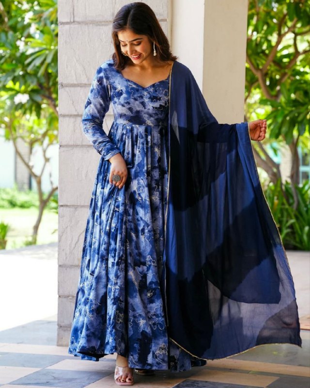 Rerdy To Wear Blue Faux Georgette Print Work Anarkali With Dupatta