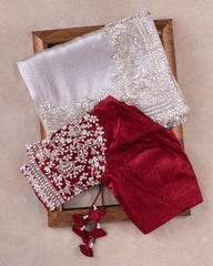 Gorgeou Nylon Organza Embroisery Work White Saree With Red Blouse