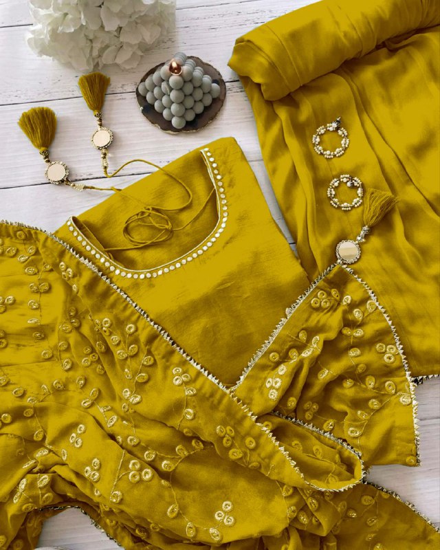 Rerdy To Wear Mustard Maska Cotton Silk Embroidery Work Plazzo Suit Wish Dupatta