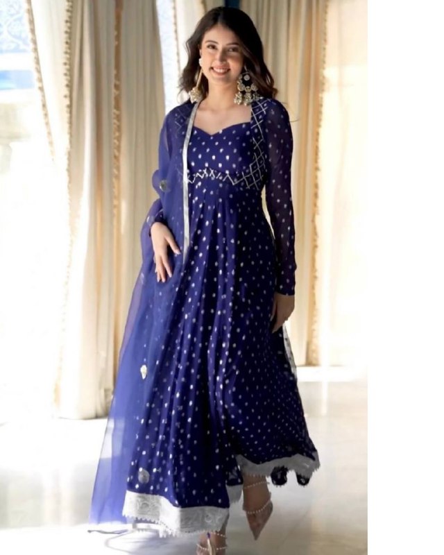 Rerdy To Wear Blue Faux Georgette Embroidery Work Anarkali Suit With Dupatta