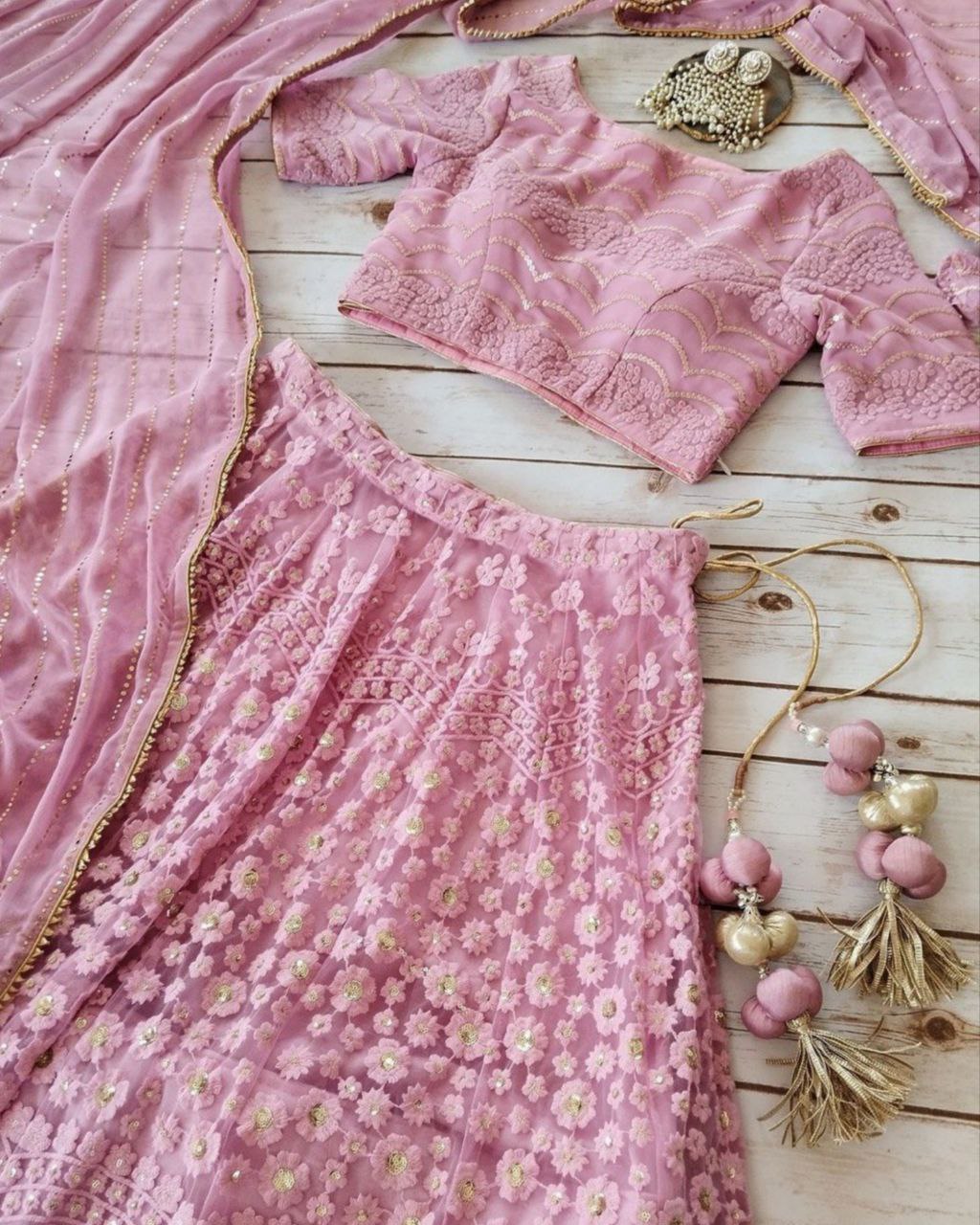 Gorgeou Baby Pink Faux Georgette Embroidery Work Lehenga Choli With Dupatta