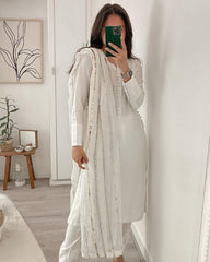 Rerdy To Wear White Faux Georgette Embroidery Work Pent Suit With Dupatta