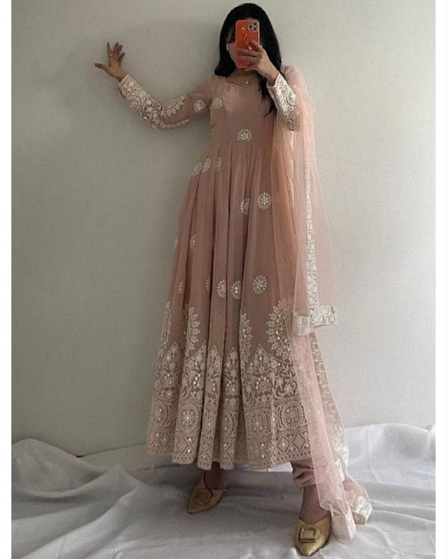Rerdy To Wear Light Peach Fuxa Georgette Embroidery Work Anarkali Gown With Dupatta