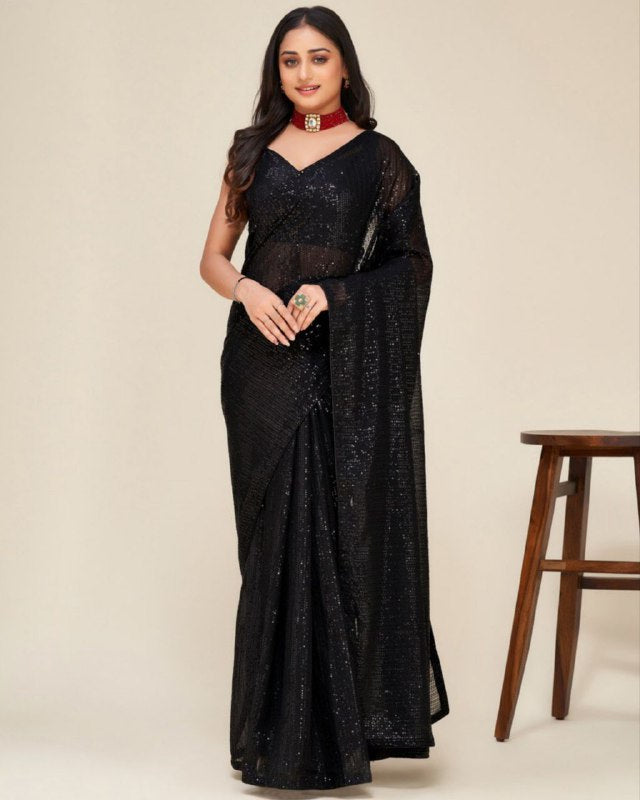 Gorgeou Black Soft Georgette Sequence Work Saree With Blouse