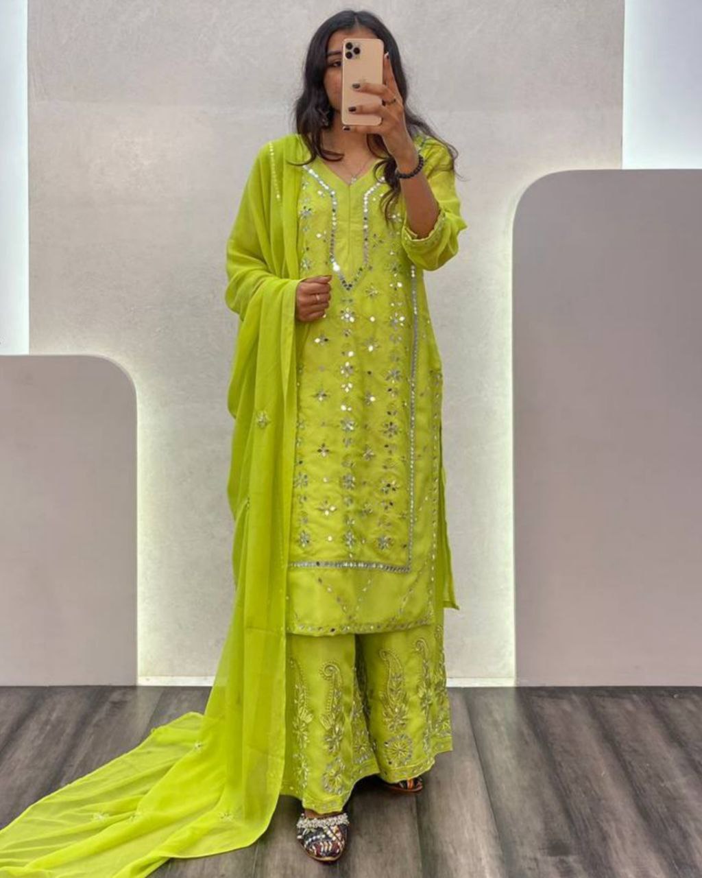 Rerdy To Wear Lime Faux Georgette Fancy Embroidery Work Plazzo Suit With Dupatta